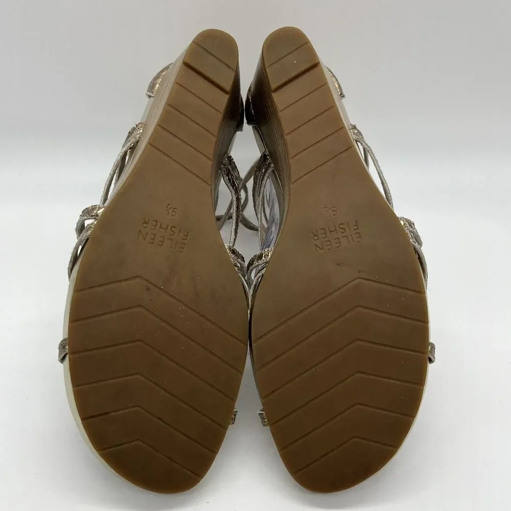 Eileen Fisher Women's 9.5 Gold Strappy Platform Wedge Shoes Sandals‎ Back Zip